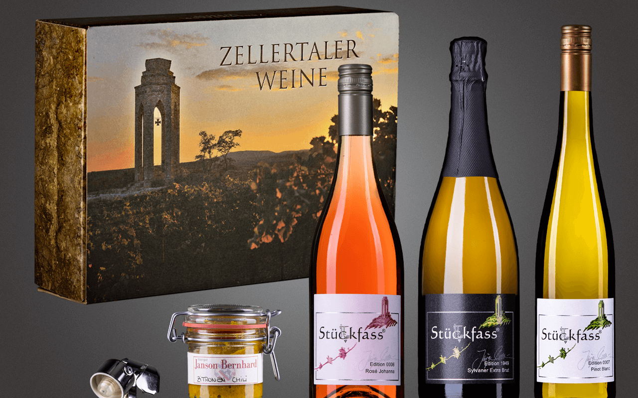 JTC Zellertal-Genießerbox "Sylvaner Sekt, Pinot, Rosé und Zitronen-Chilli" Präsent zum Abholpreis