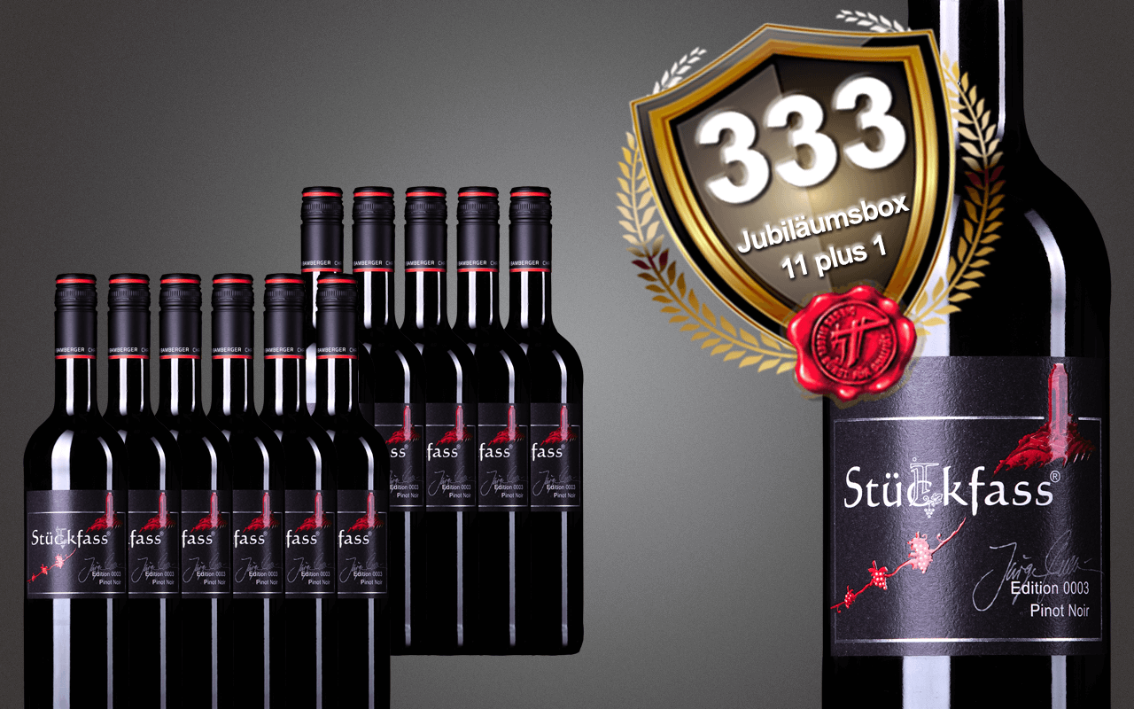 Sparbox "11 plus 1" mit JTC Stückfass Pinot Noir zum 333-jährigen Jubiläum