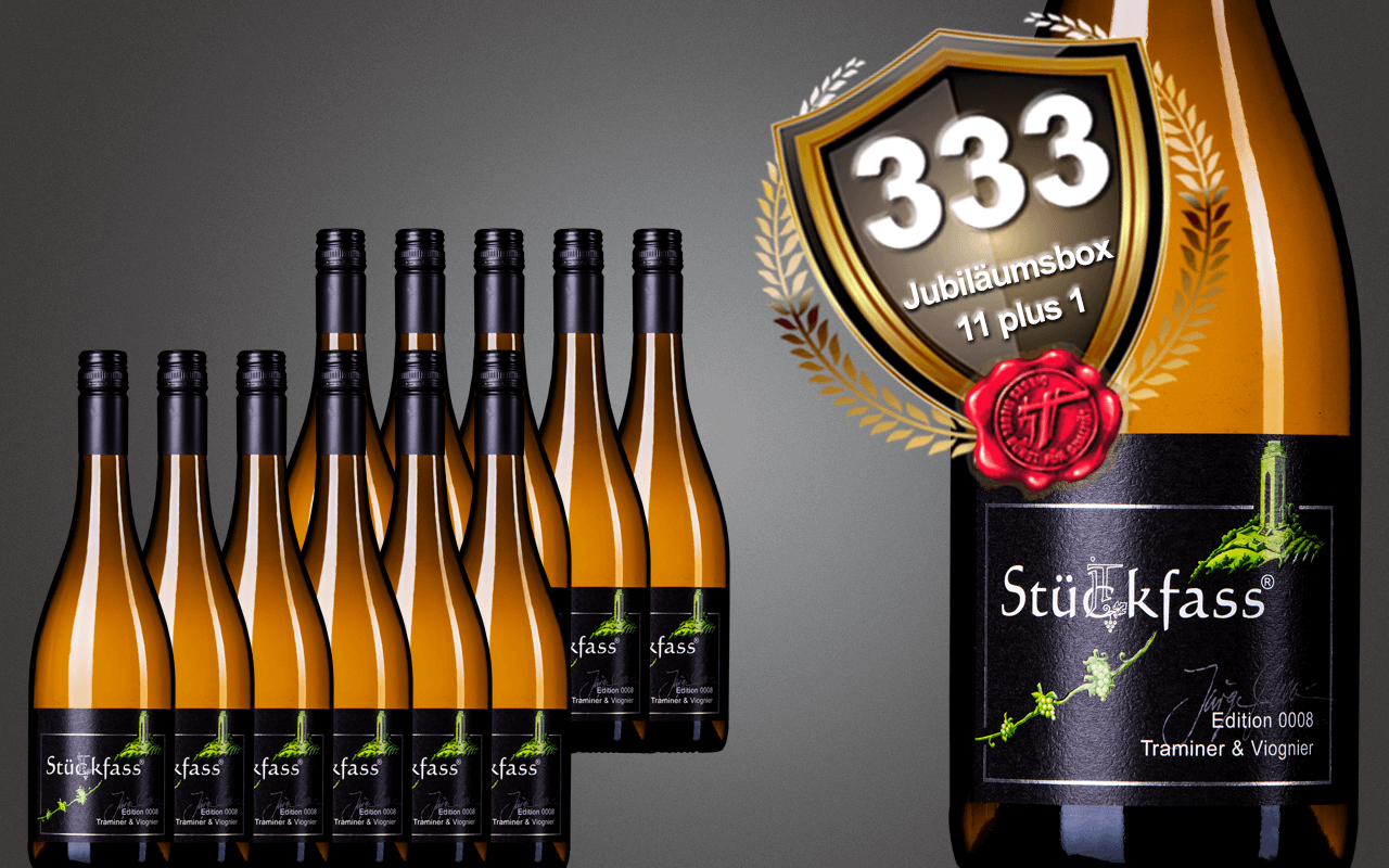 Sparbox "11 plus 1" mit JTC Stückfass Traminer & Viognier zum 333-jährigen Jubiläum
