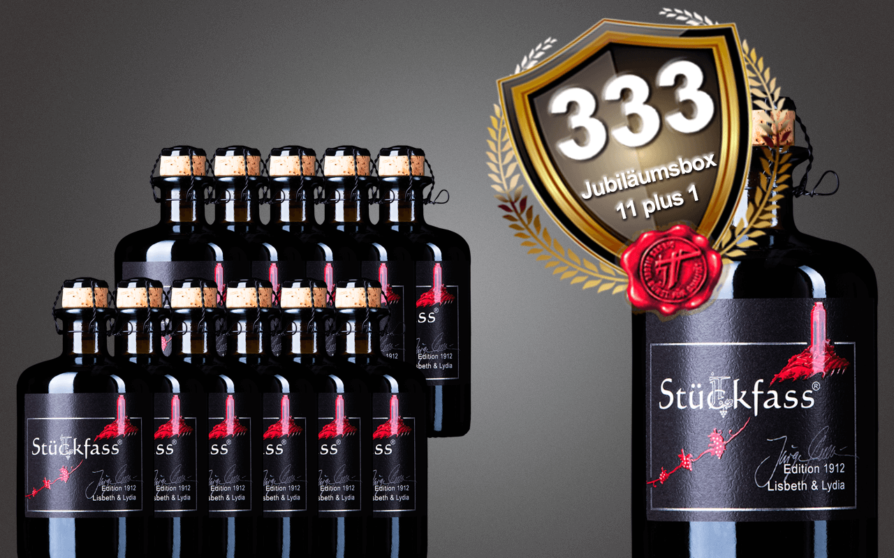 Sparbox "11 plus 1" mit Süsswein Lisbeth & Lydia Rot,  zum 333-jährigen Jubiläum