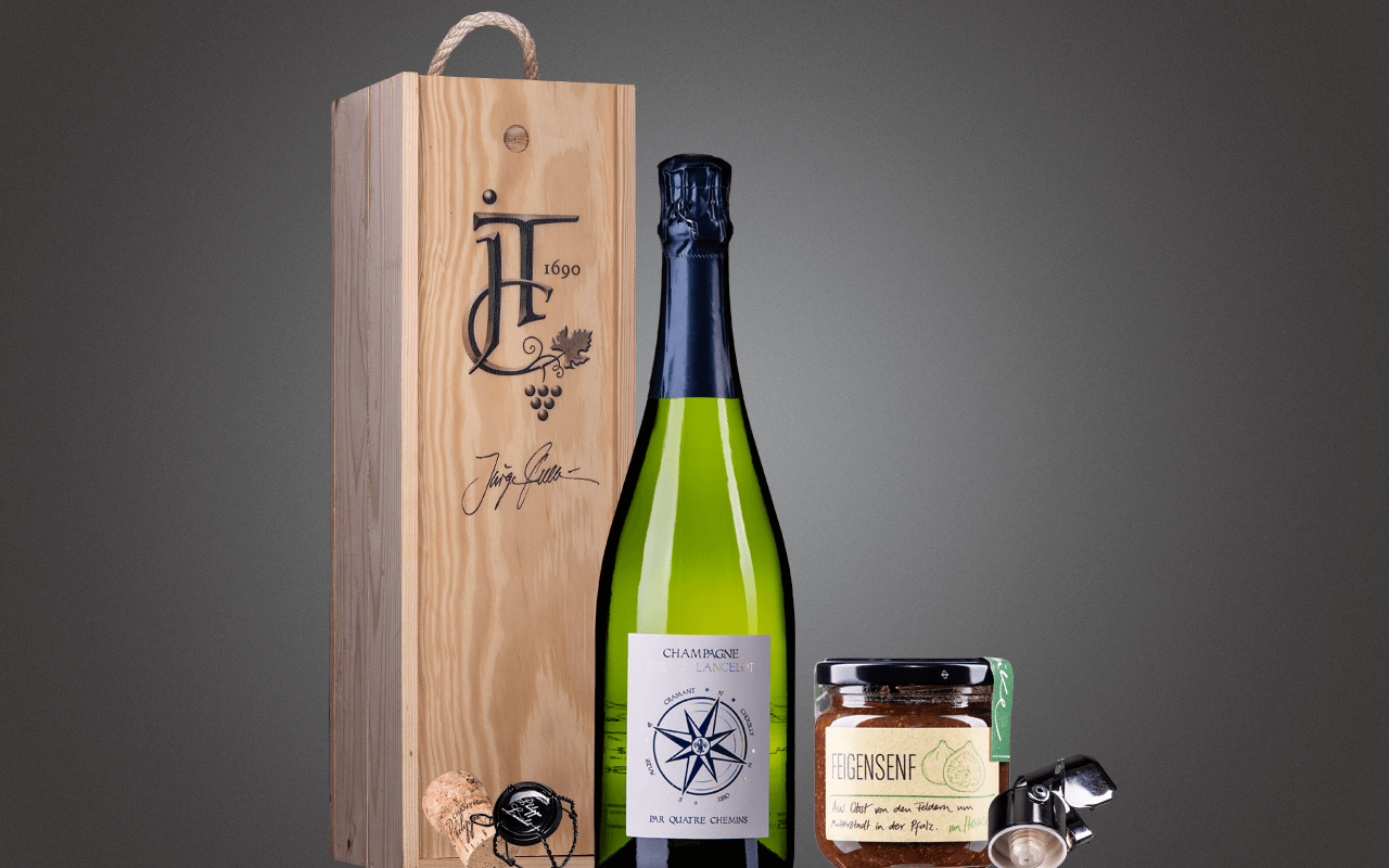 JTC 1er Holzkiste "Grand Cru Champagner mit Feigensenf" als Präsent verpackt (Abholpreis Vinothek)