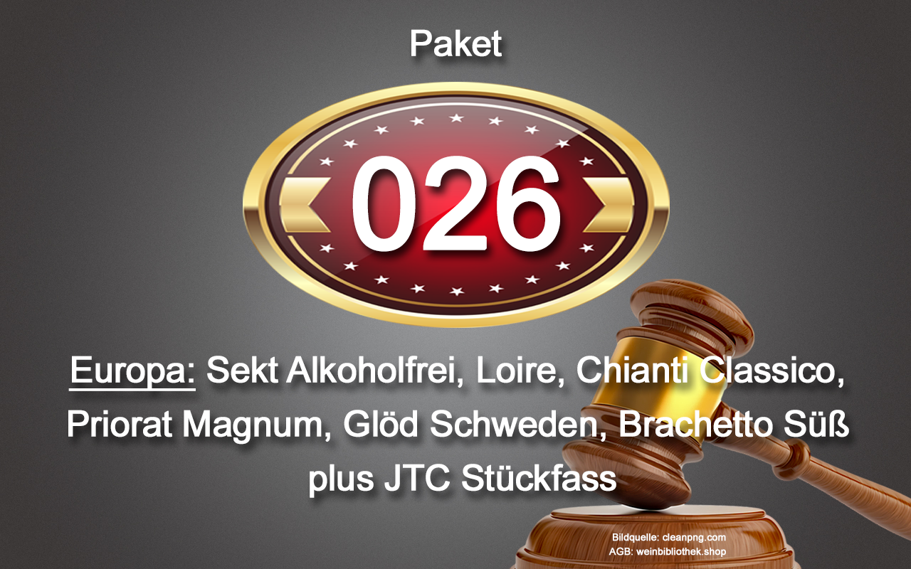 0026 AUKTION Europa-Paket: Sekt Alkoholfrei, Cabernet Franc Loire, Chianti Classico, Priorat Magnum, Glöd, Brachetto Süß, JTC Stückfass