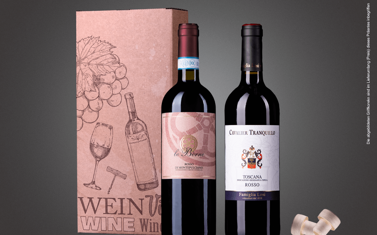 JTC 2er Karton "Toskanische Rotwein-Kollektion" als Präsent verpackt (Abholpreis) JTC 2er Karton "Toskanische Rotwein-Kollektion" als Präsent verpackt (Abholpreis)