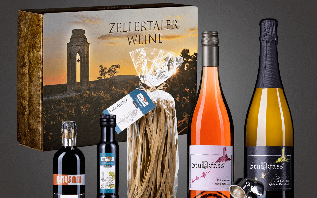 JTC Zellertal-Genießerbox "Haselnusöl, Bio-Essig, Nudeln, Sylvaner Sekt und Rosé" Präsent zum Abholpreis