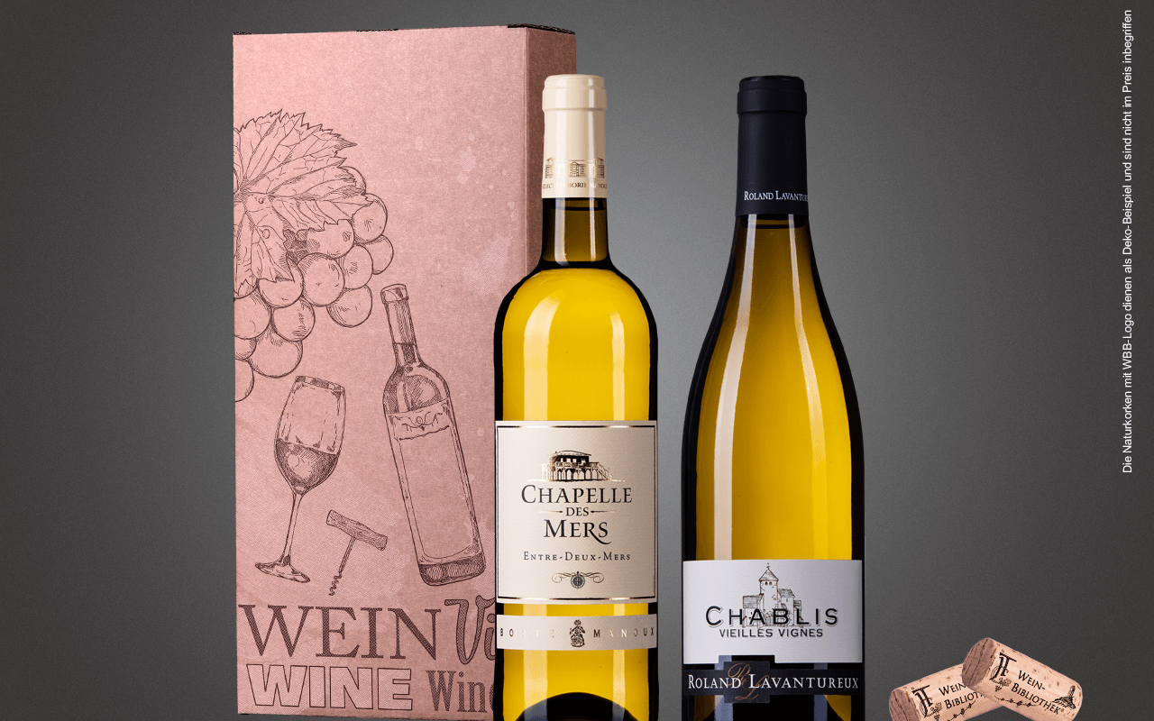 JTC 2er Karton "Entre-deux-Mers trifft Chablis" als Präsent verpackt (Abholpreis) JTC 2er Karton "Entre-deux-Mers trifft Chablis" als Präsent verpackt (Abholpreis)