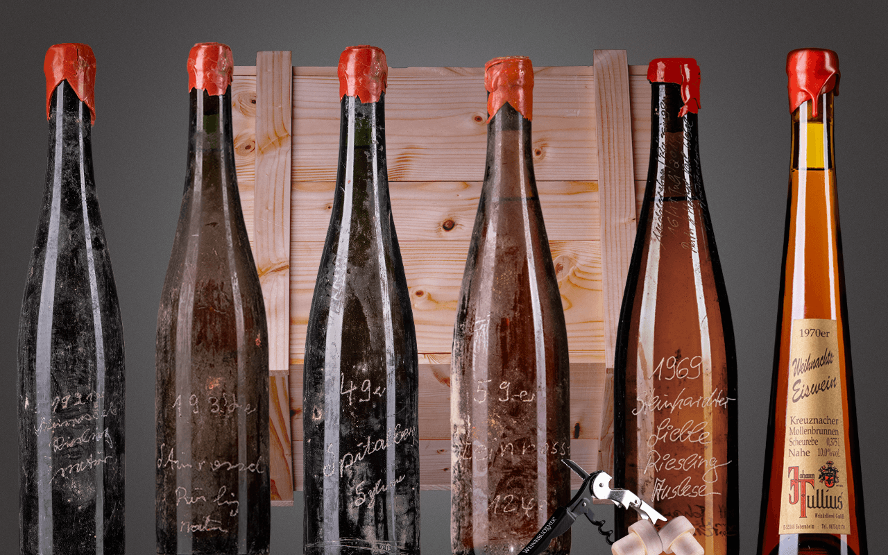 Schatzkammer 6er Holzkiste Traumjahrgänge 1921 bis 1970 teils "VDP Ersten Lagen" - Raritäten, Nahe, Deutschland Schatzkammer 6er Holzkiste Traumjahrgänge 1921 bis 1970 teils "VDP Ersten Lagen" - Raritäten, Nahe, Deutschland