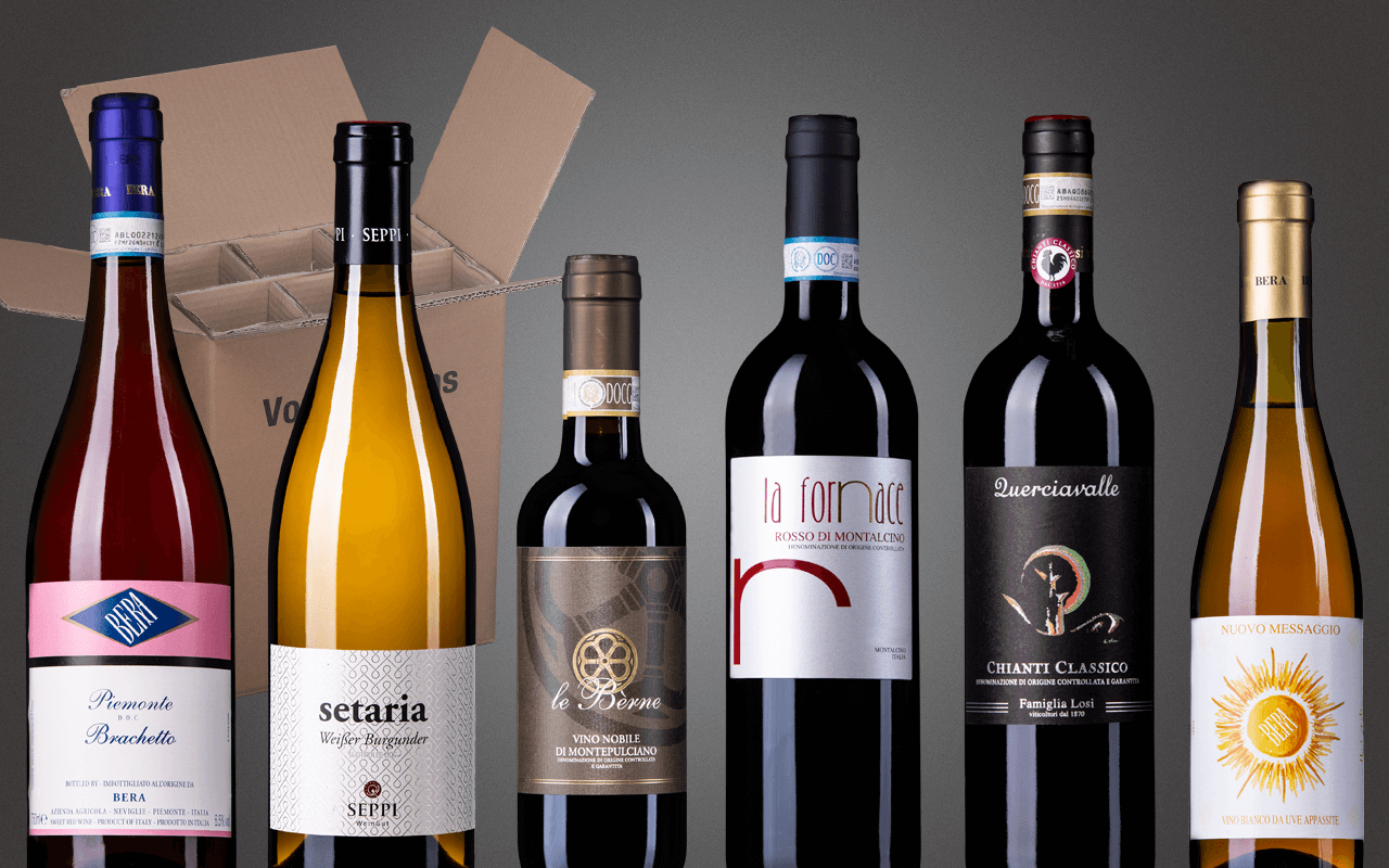 Probierbox 6er "Italien-Rundreise - Excellentes von Südtirol bis Piemont" (Abholpreis) Probierbox 6er "Italien-Rundreise - Excellentes von Südtirol bis Piemont" (Abholpreis)