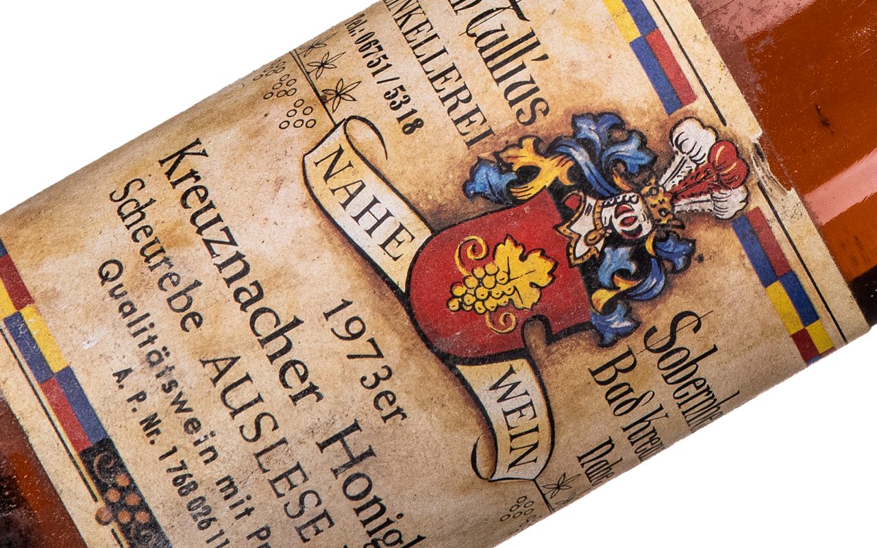 Schatzkammer 1973 Kreuznacher Honigberg Scheurebe Auslese Eiswein - Rarität, Nahe, Deutschland Schatzkammer 1973 Kreuznacher Honigberg Scheurebe Auslese Eiswein - Rarität, Nahe, Deutschland