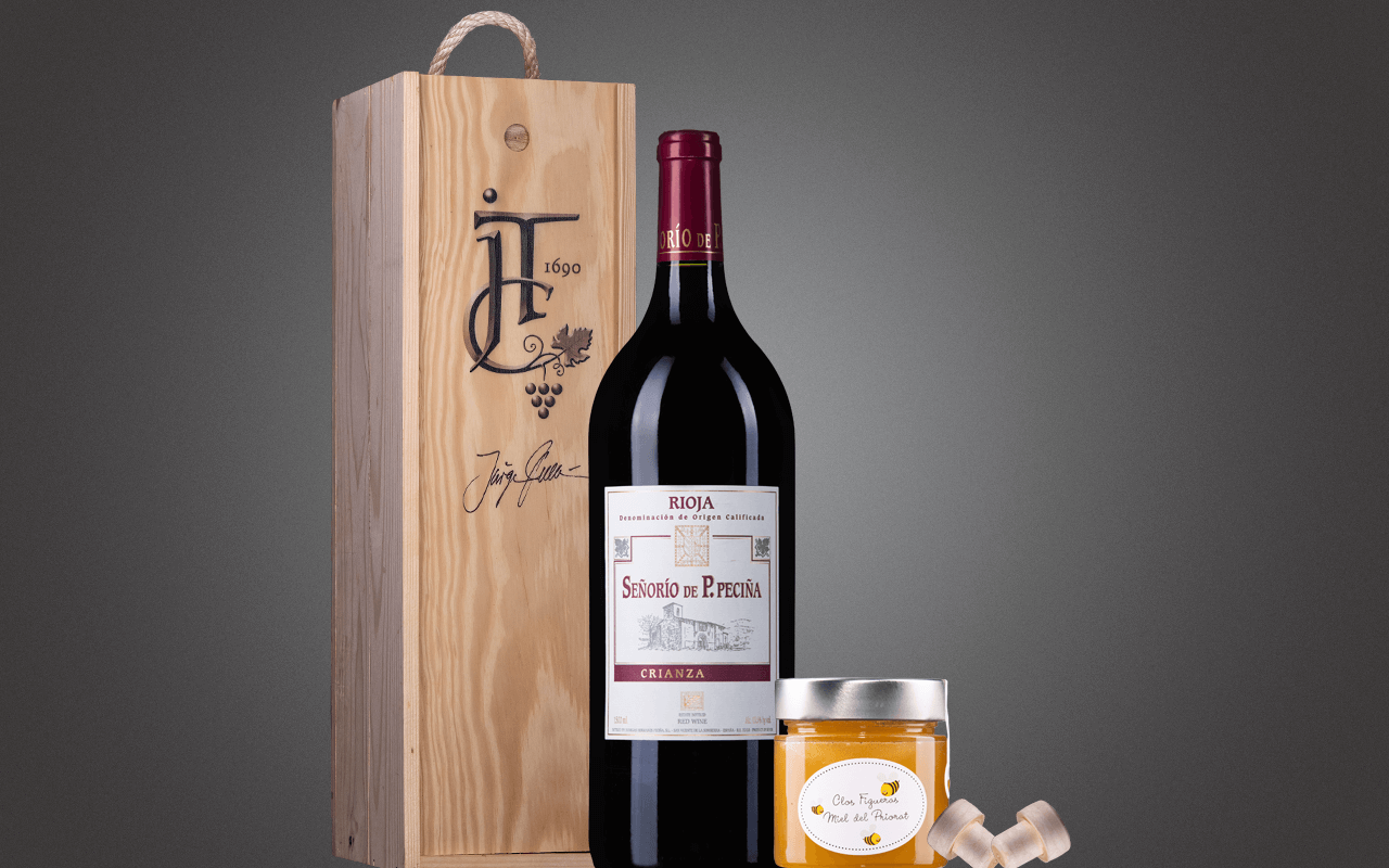 JTC 1er Magnum-Holzkiste "Rioja Crianza Rotwein mit Honig" als Präsent verpackt (Abholpreis Vinothek)