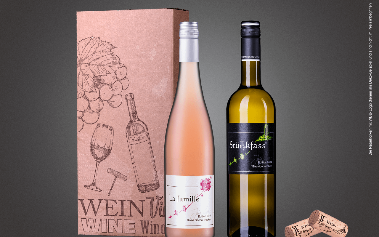 JTC 2er Karton "Secco stößt mit Sauvignon an" als Präsent verpackt (Abholpreis) JTC 2er Karton "Secco stößt mit Sauvignon an" als Präsent verpackt (Abholpreis)