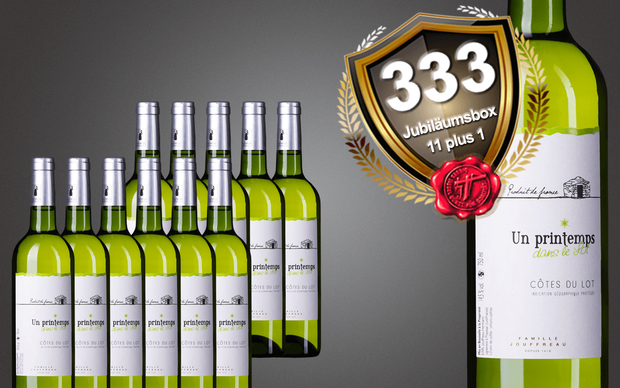 Sparbox "11 plus 1" mit Cahors Weißwein autochton, Frankreich zum 333-jährigen Jubiläum
