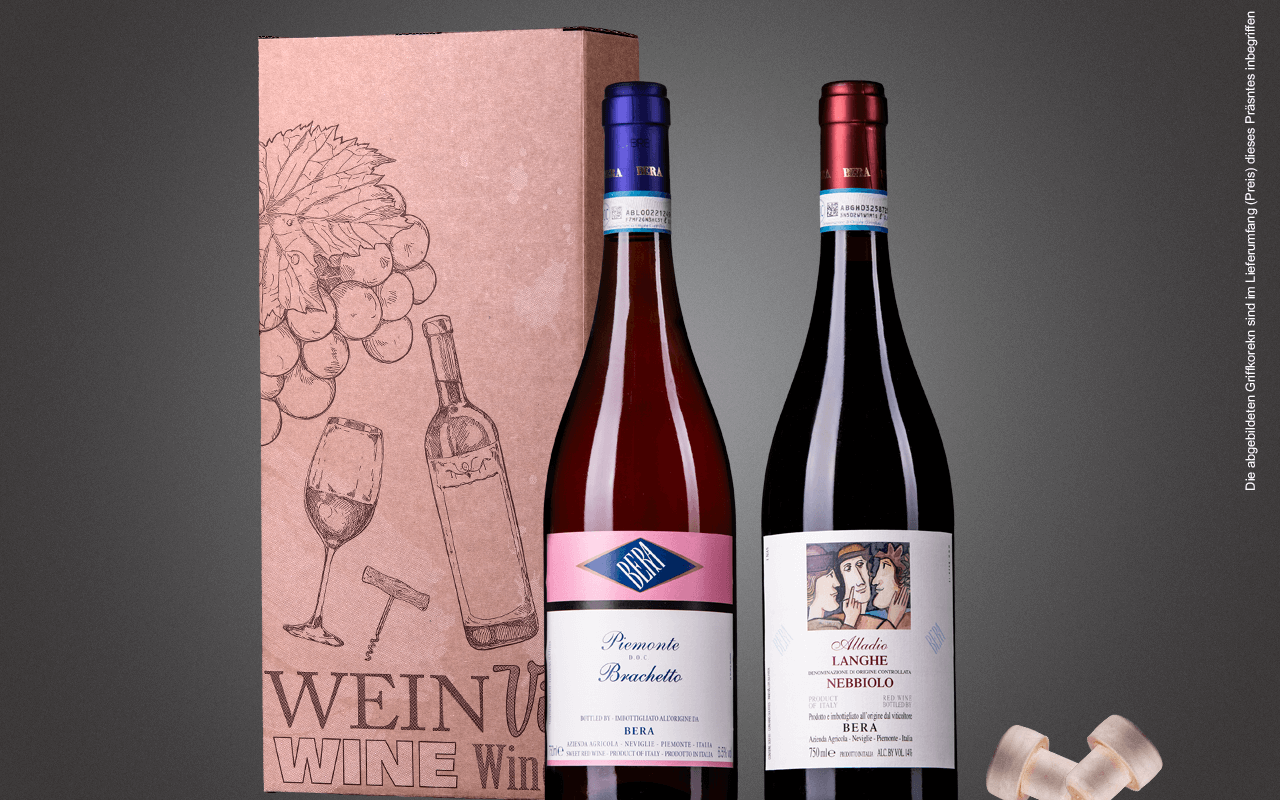 JTC 2er Karton "Piemonteser Brachetto trifft Nebbiolo" als Präsent verpackt (Abholpreis) JTC 2er Karton "Piemonteser Brachetto trifft Nebbiolo" als Präsent verpackt (Abholpreis)