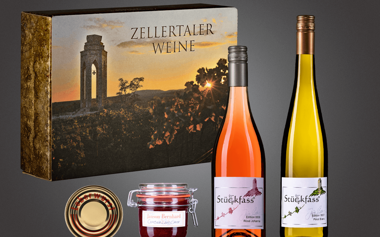 JTC Zellertal-Genießerbox "Pinot, Rosé, Lewwerworscht und Cumberland-Sauce" Präsent zum Abholpreis