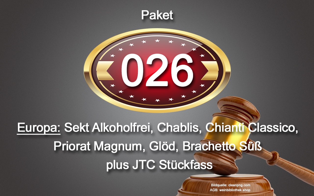 0026 AUKTION Europa-Paket: Sekt Alkoholfrei, Chablis, Chianti Classico, Priorat Magnum, Glöd, Brachetto Süß, JTC Stückfass