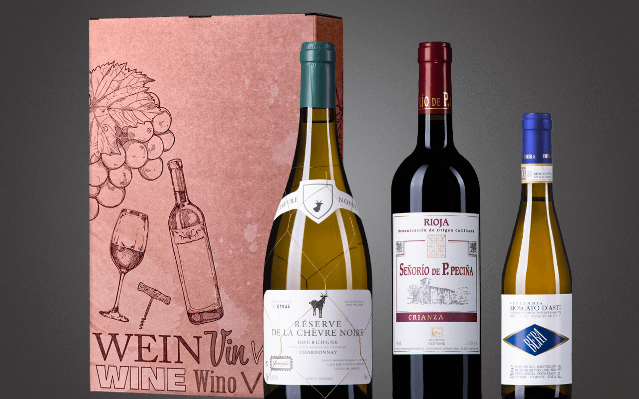 JTC 3er Karton "Quer durch Europa mit weißem Burgunder, Rioja und Moscato d`Asti" - Präsent zum Abholpreis JTC 3er Karton "Quer durch Europa mit weißem Burgunder, Rioja und Moscato d`Asti" - Präsent zum Abholpreis