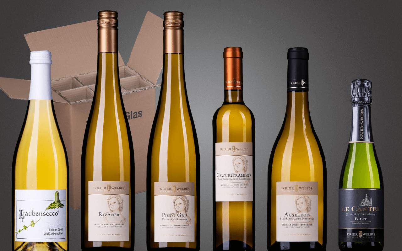 Probierbox 6er "Luxembourg mit Crémant und alkoholfreiem Secco" (Abholpreis) Probierbox 6er "Luxembourg mit Crémant und alkoholfreiem Secco" (Abholpreis)
