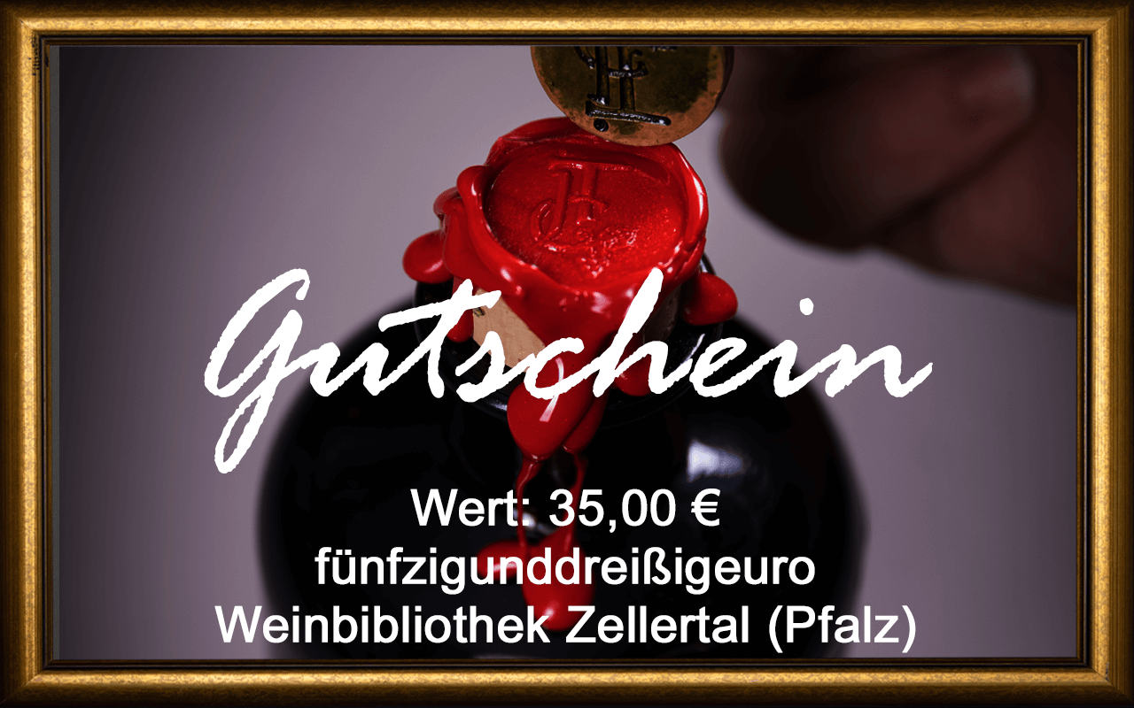 Wein-Gutschein 35,00 € Weinbibliothek Zellertal (Pfalz) Sommelier Jürgen Tullius Wein-Gutschein 35,00 € Weinbibliothek Zellertal (Pfalz) Sommelier Jürgen Tullius