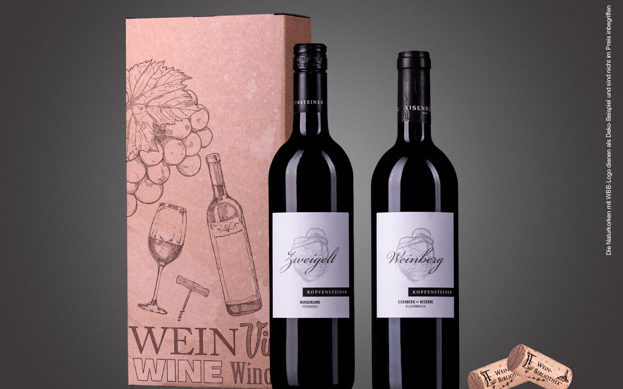 JTC 2er Karton "Eisenberger Zweigelt trifft Blaufränkisch" als Präsent verpackt (Abholpreis) JTC 2er Karton "Eisenberger Zweigelt trifft Blaufränkisch" als Präsent verpackt (Abholpreis)