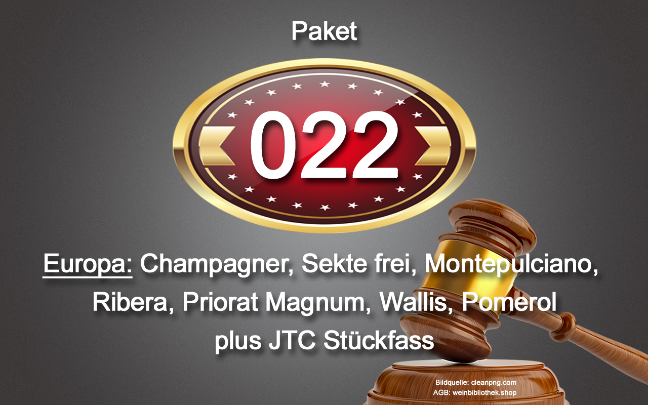 0022 AUKTION Europa-Paket: Champagner, Sekte Alkoholfrei, Montepulciano, Ribera, Priorat Magnum, Wallis, Pomerol, JTC Stückfass