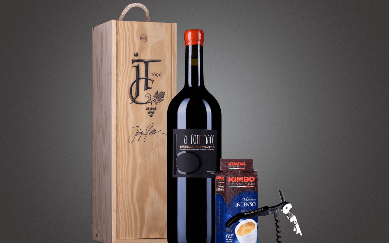 JTC 1er Doppelmagnum-Holzkiste "Toskana Brunello mit Kaffee" als Präsent verpackt (Abholpreis Vinothek)