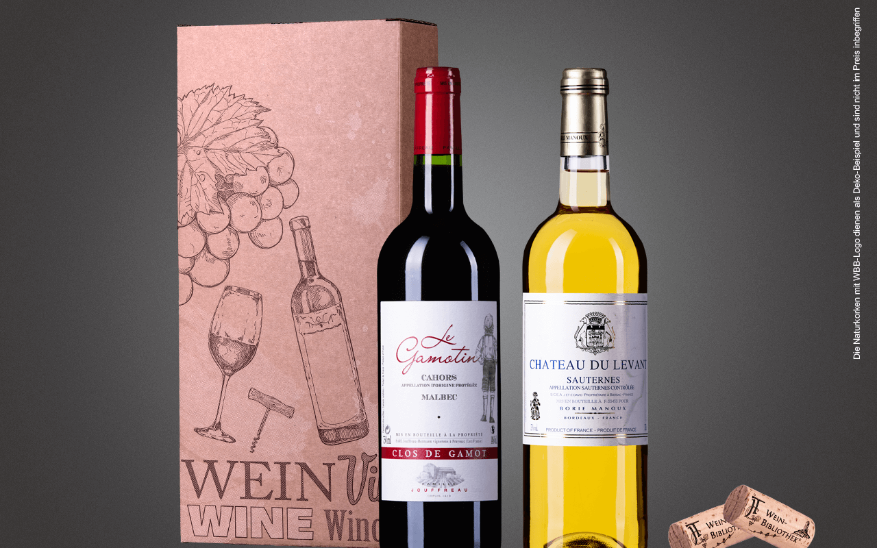 JTC 2er Karton "Malbec trifft Sauternes" als Präsent verpackt (Abholpreis) JTC 2er Karton "Malbec trifft Sauternes" als Präsent verpackt (Abholpreis)