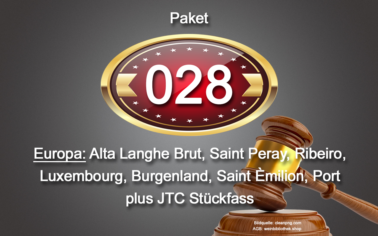 0028 AUKTION Europa-Paket: Alta Langhe Brut, Saint Peray, Ribeiro, Luxembourg, Burgenland Magnum, Saint Èmilion, Port, JTC Stückfass
