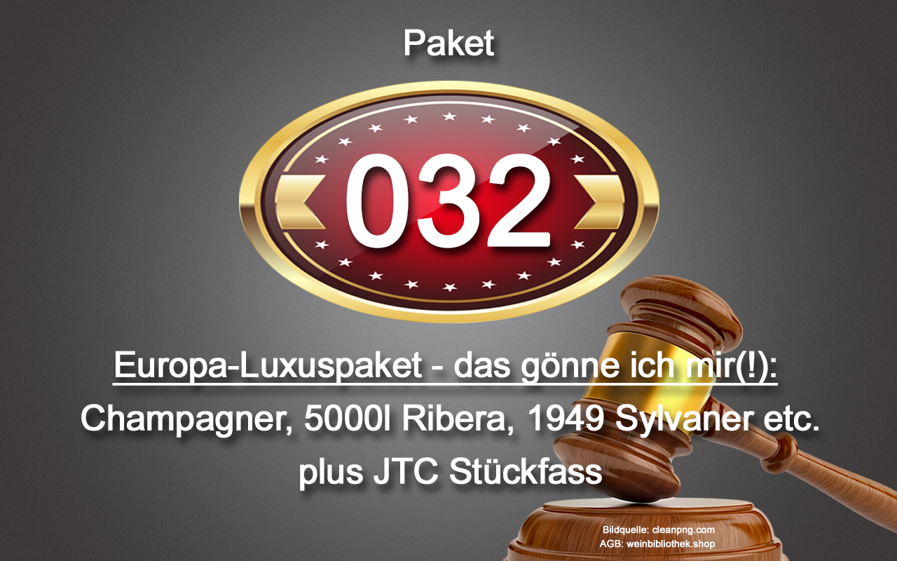 0032 AUKTION Europa-Luxuspaket - das gönne ich mir(!):  Champagner, 1949 Sylvaner Schatzkammer, Wallis, Luxembourg, Burgenland, Ribera 5000ml, Montepulciano 3000ml, Glös Schweden, JTC Stückfass